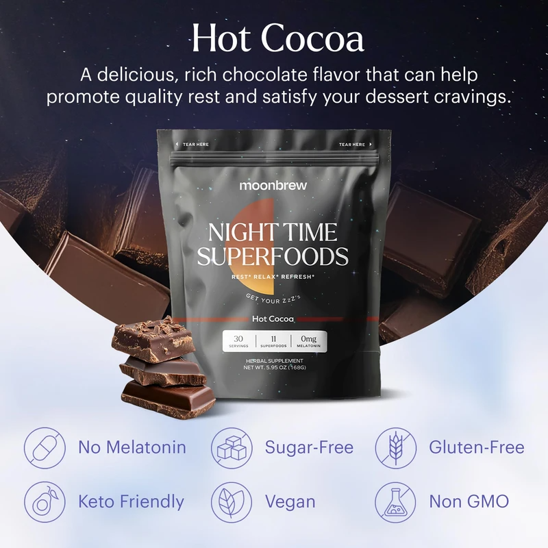 MoonBrew Nighttime Magnesium Hot Cocoa, Natural Sleep Aid Drink Mix for Adults - Calming Melatonin-Free Sleep Support - Sleepy Hot Chocolate Powder with L-Theanine, Chamomile & Zinc Glycinate